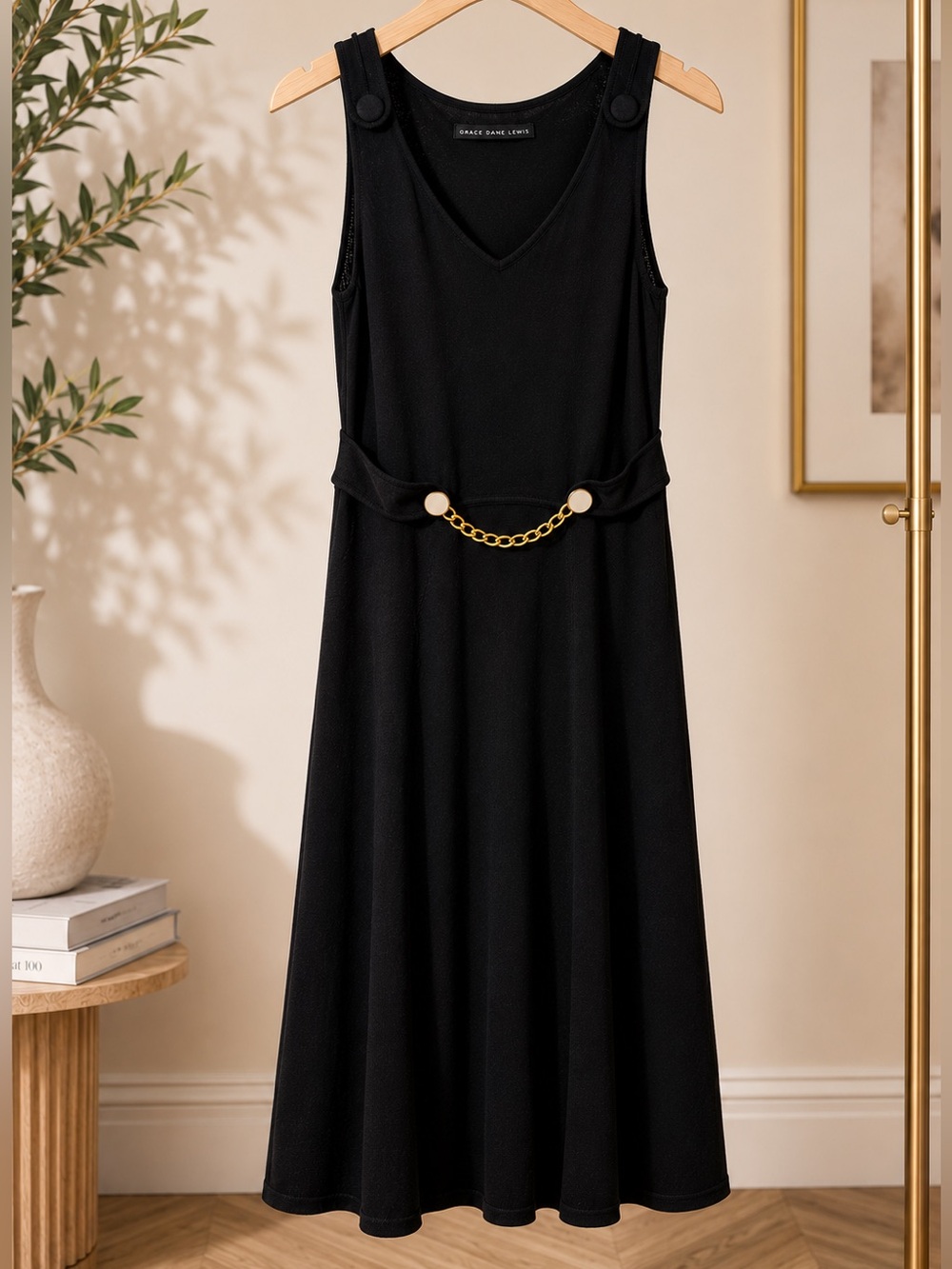 Grace Dane Lewis Black Knit Chain Waist Midi Dress Medium Vintage Chic